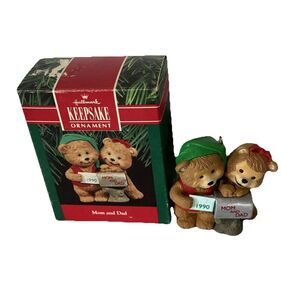 Hallmark 1990 Mom and Dad Keepsake Ornament Red Green w/ Bears Brown Granny-Core